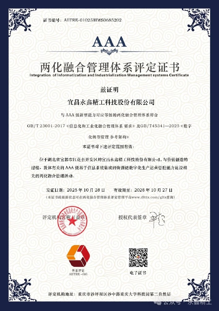 【喜報(bào)】永鑫精工成功通過國(guó)家兩化融合管理體系A(chǔ)AA級(jí)認(rèn)證